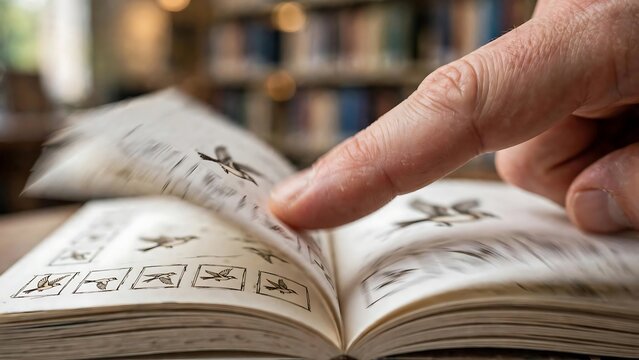 A person's hand swiftly flips the pages of a flipbook, creating an animated sequence of a bird in motion.