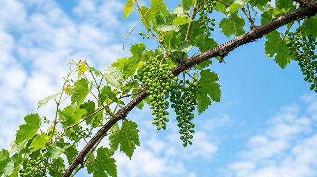 Green Grapes Growing on Vine Under Sunny Sky with Clouds