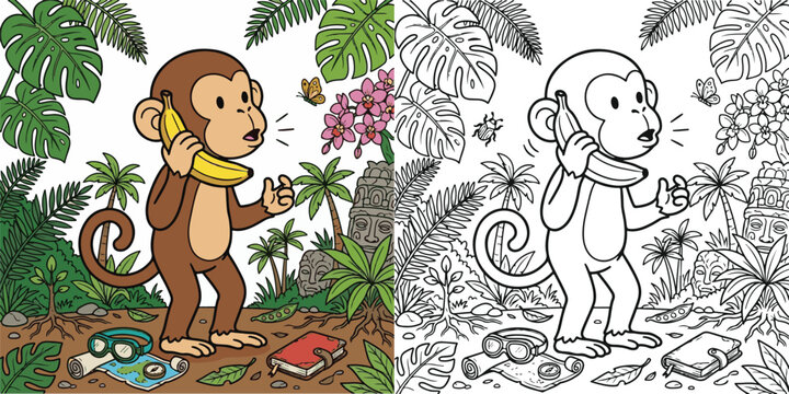 monkey using a banana as a telephone impossible situation funny fun cartoon clipart line art print vector illustration school student children child kid kids coloring book