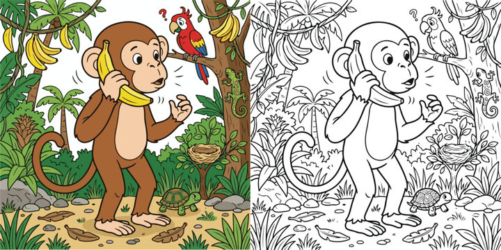 monkey using a banana as a telephone impossible situation funny fun cartoon clipart line art print vector illustration school student children child kid kids coloring book