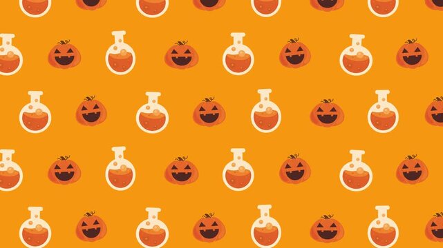 Halloween seamless pattern background with jack o lantern pumpkins and potion bottles rising motion loop