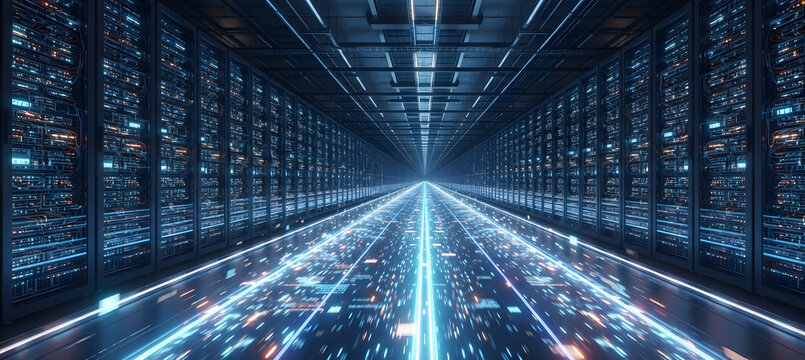 Futuristic data center corridor with endless server racks lining both sides of a long symmetrical road, representing massive data storage, expanding digital infrastructure, big data growth, cloud comp