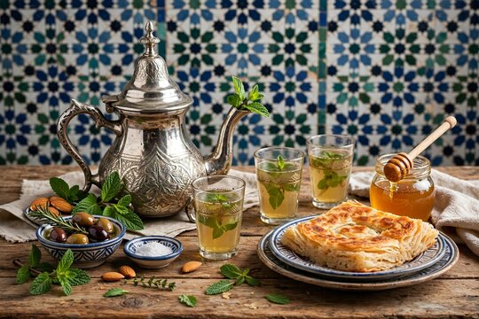 Traditional Moroccan mint tea with msemen and honey, authentic breakfast