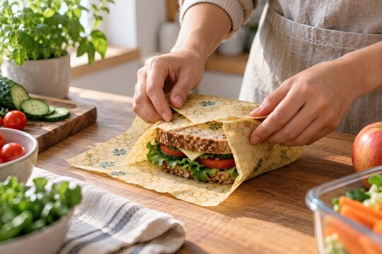 Hands Wrapping a Sandwich in Reusable Beeswax Wrap for a Packed Lunch