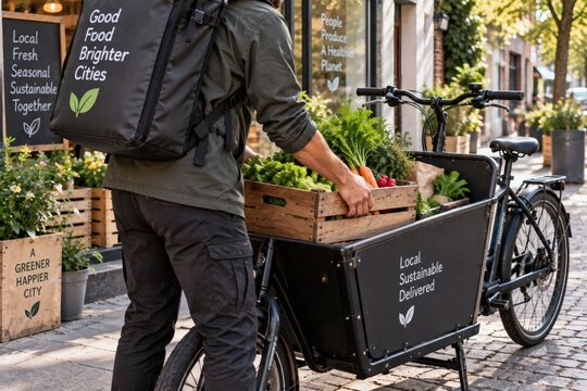 Cargo Bicycle Being Loaded with a Produce Box for Delivery