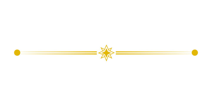Golden decorative horizontal divider with a central star and circular end points isolated on transparent background