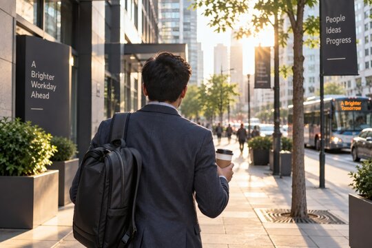 Morning Commuter Walking a City Street with Coffee and Phone