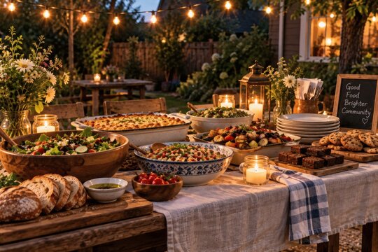 Outdoor Community Potluck Table with String Lights at Evening