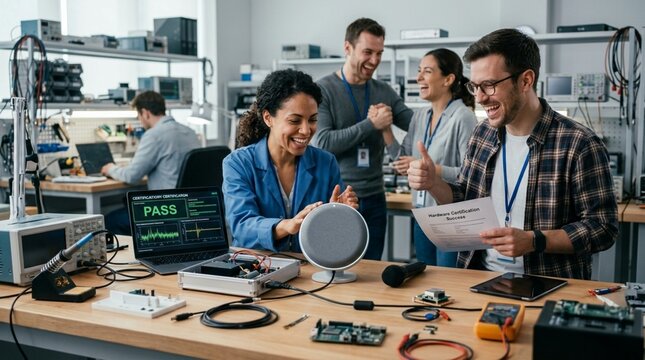 Diverse engineers celebrate successful prototype test in electronics lab