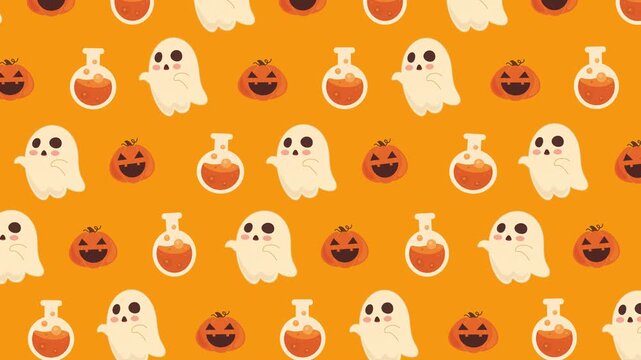 Halloween seamless pattern background with cartoon ghosts pumpkins and potion bottles rising motion loop