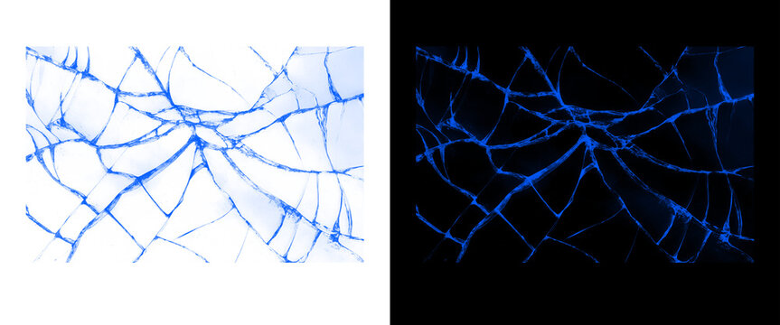 Broken glass texture overlay, shattered window background effect, cracked screen pattern with glowing blue fracture lines