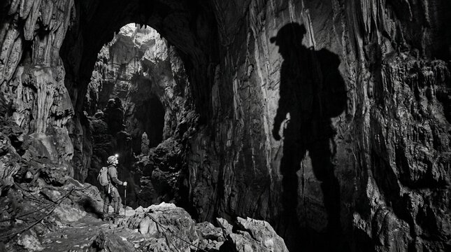 Speleologist exploring dark cave with headlamp, adventure, discovery