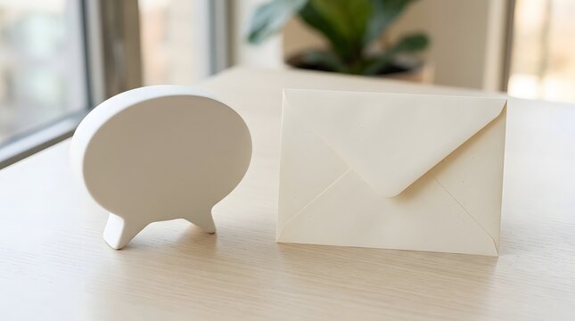 A charming small white speech bubble shaped figurine stands near a blank white card suggesting communication or a message awaiting expression indoors