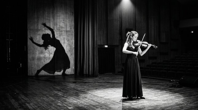 Young violinist on stage, dramatic shadow dancer, performance art, black and white.