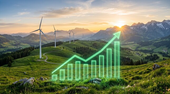 Renewable energy technology growth with wind turbines and rising chart
