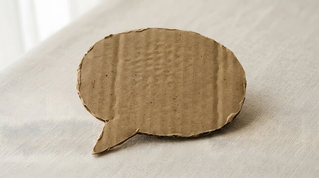 This image showcases a solitary empty speech bubble constructed from corrugated cardboard resting on a neutral light colored surface suggesting communication or