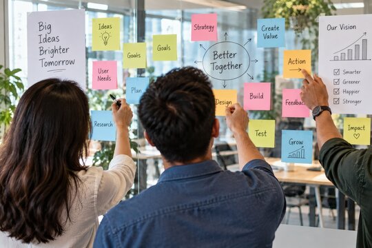 Team Brainstorming Session with Colorful Sticky Notes on Glass Wall