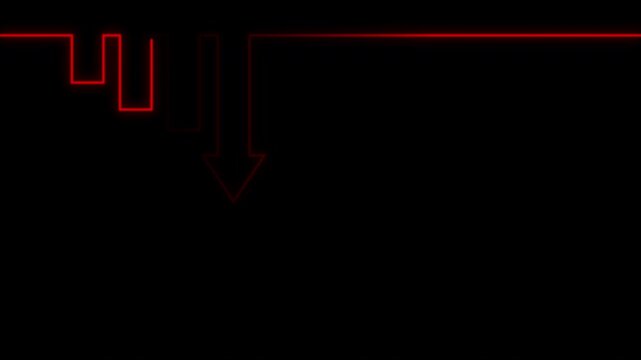 Glowing red cost chart animation with a descending arrow, declining prices, financial loss, market trends, and economic changes on a black background, 4K video