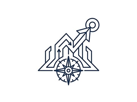 Growth arrow climbing mountain with compass and direction icon