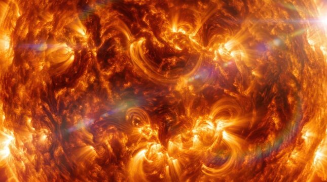 Intense solar flares on orange sun surface background.