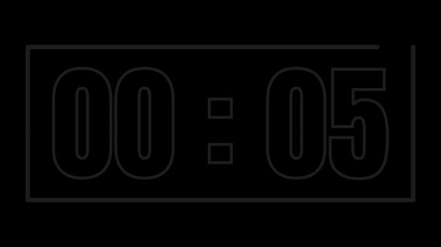 Minimalist digital countdown timer clock display with outline numbers on black background for video editing