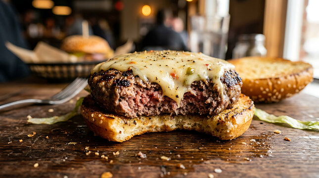 A bitten cheeseburger patty with melted pepper jack cheese on a toasted bun set on a rustic wooden table