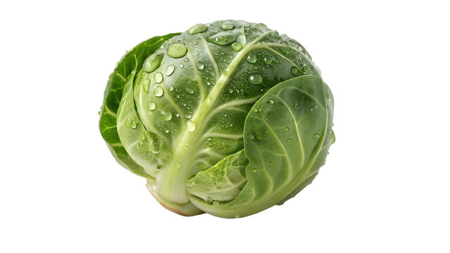 Fresh Green Brussels Sprout with Water Droplets Isolated on White Background   