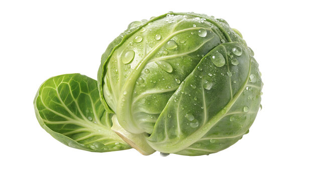 Fresh Green Brussels Sprout with Water Droplets Isolated on White Background   