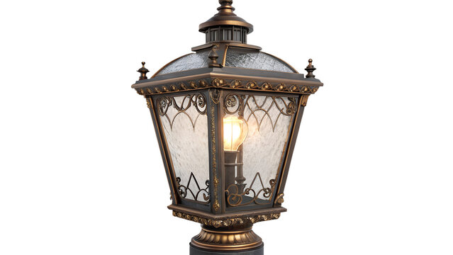 Vintage Ornate Outdoor Street Light Post Isolated on White Background   