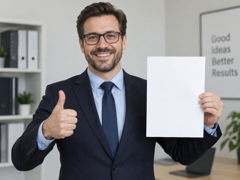 Confident Businessman Holding Blank Paper: A smiling businessman in a suit gives a thumbs up while holding a blank piece of paper, offering a space for text or information.