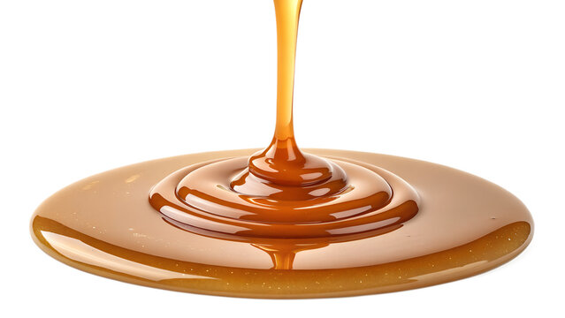 Pouring Liquid Golden Caramel Sauce Drizzle Isolated on White Background   