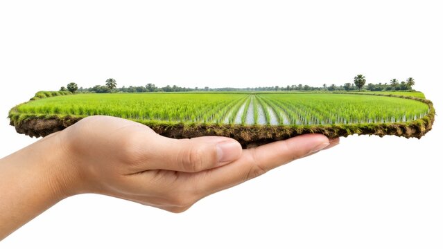 Lush Farmland on a Hand: A vibrant green field of crops, meticulously cultivated, rests gently on an open palm, symbolizing stewardship and the bounty of the earth.