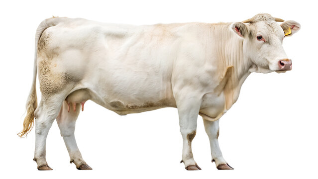 White Charolais Dairy Cow Standing Isolated on White Background   