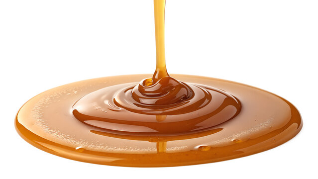 Pouring Liquid Golden Caramel Sauce Drizzle Isolated on White Background   