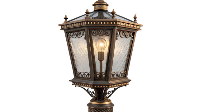 Vintage Ornate Outdoor Street Light Post Isolated on White Background   