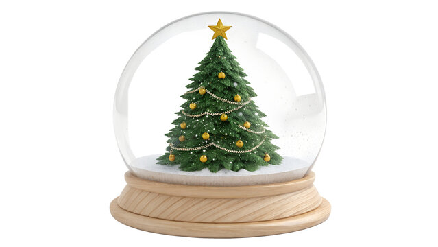 Christmas Snow Globe with Decorated Tree and Wooden Base Isolated on White Background   