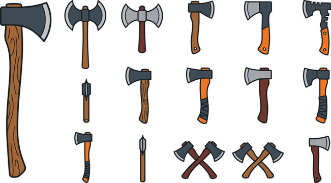 Axe and Hatchet Tool Icon Collection with Woodcutting Axes, Splitting Tools, Hammer Axes, Double Bit Axes, and Forestry Equipment Designs