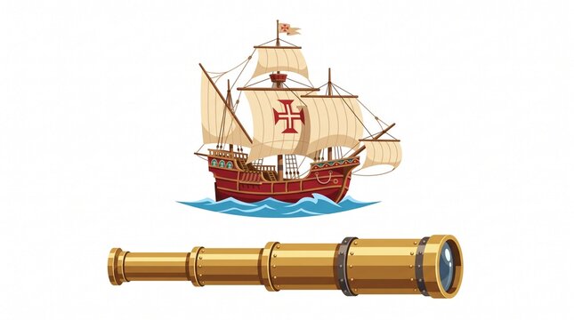 Columbus day illustration with caravel ship and vintage telescope