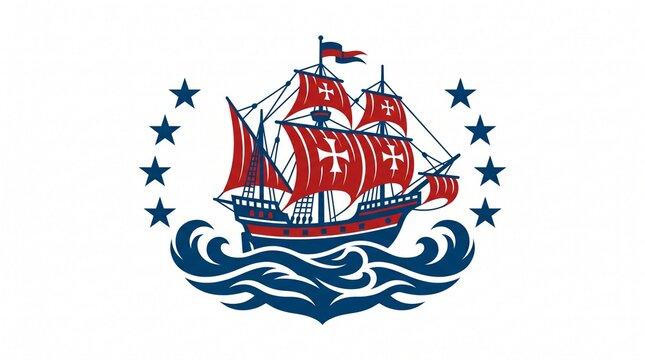 Columbus day historic caravel ship sailing on waves with stars