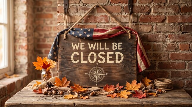 Columbus day business closed sign with american flag and fall leaves