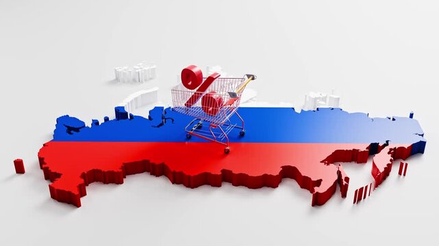 Inflation in Russia concept: A shopping cart with a percent sign on a 3d map of Russia overlayed by the Russian flag. Camera panning up