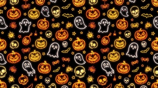 Seamless repeating halloween pattern featuring illuminated jack o lanterns friendly ghosts and various festive design elements on a dark and spooky black
