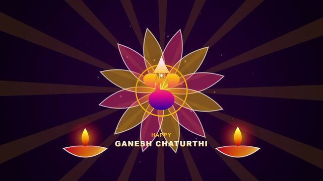 Ganesh Chaturthi vector graphic with a colorful lotus flower motif and twin oil lamps set against a dark sunburst background.