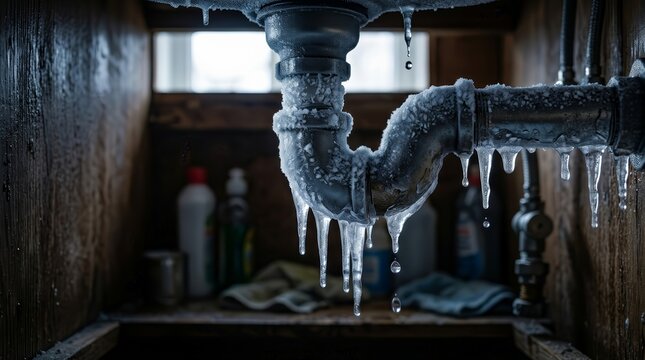 Frozen water pipe under a kitchen sink with icicles.