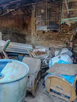  Interior view of a messy old backyard storage shed filled with junk and bird cages