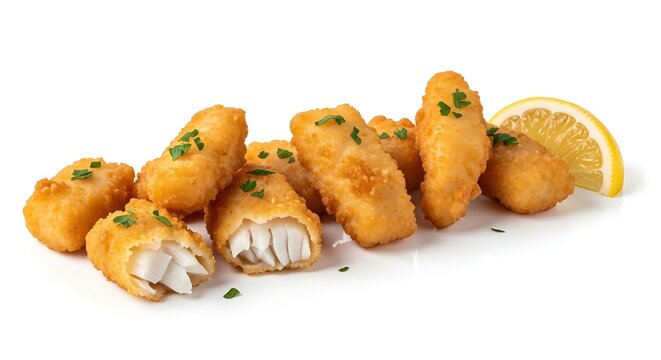 Crispy fried fish fingers or nuggets garnished with herbs and lemon slice isolated on white background