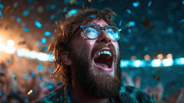 An ecstatic man in glasses screams with joy as colorful confetti rains down, capturing the exhilarating atmosphere of celebration and shared human connection at a vibrant event.