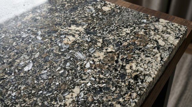 Close up view of a polished granite countertop with a speckled pattern of black white and brown mineral textures
