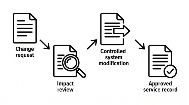 IT Service Change Request Workflow Line Illustration. Enterprise IT Change Request Review and Service Modification Approval Process Outline Vector Isolated on White Background