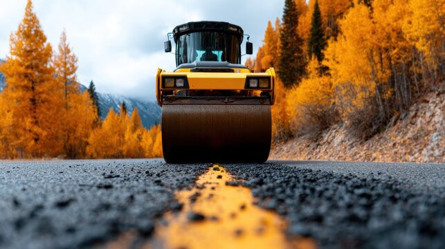 A large yellow steamroller is featured prominently in the foreground on a paved road, surrounded by golden autumn trees, emphasizing the machinery and the vibrant season.